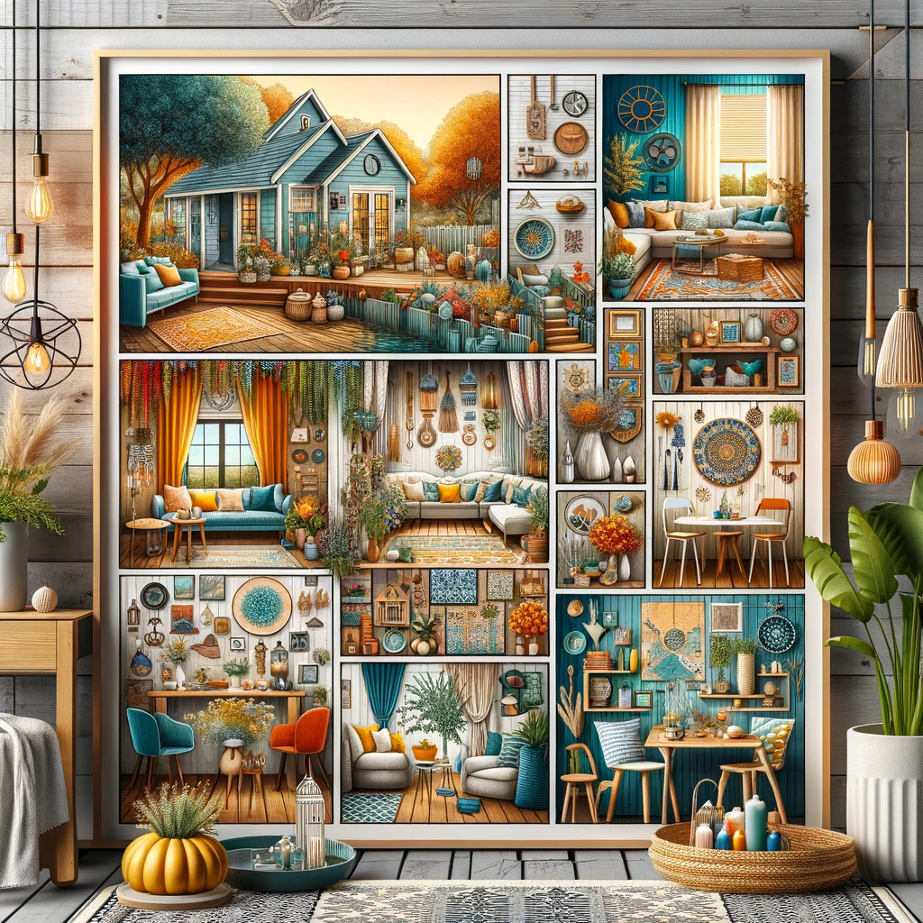 A vibrant image showcasing a diverse blend of home decor styles, featuring exterior window shades, wall decorations, and a mix of decorative accessories across various room settings. The decor spans from coastal to farmhouse, bohemian, and modern themes, enriched with seasonal and cultural decorations for a holistic home environment.