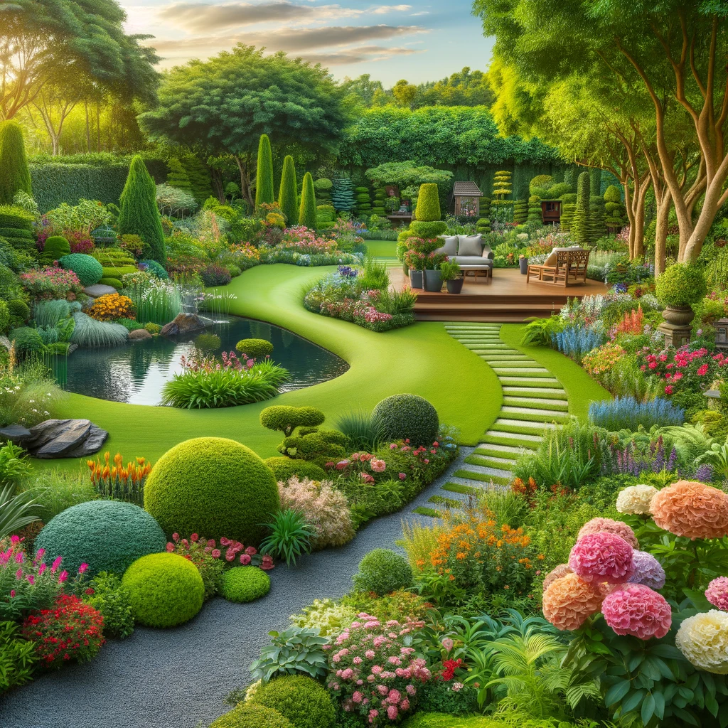 Garden landscape with flowers, shrubs, a pond, and a path.
