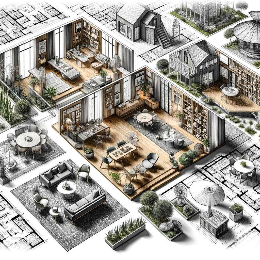 Illustration of diverse room layouts, showcasing floor plan design, furniture arrangement, and aesthetic spatial organization for both residential and commercial settings, including open floor plans, eco-friendly homes, and futuristic architecture.